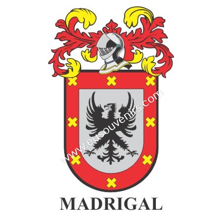 Porte-clés héraldique - MADRIGAL - Personnalisé avec le nom, l'écusson de la famille et une brève description de l'origine généa