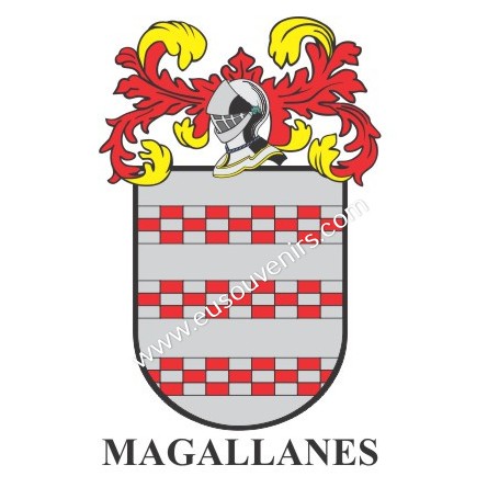 Llavero heráldico - MAGALLANES - Personalizado con apellido, escudo de la familia y breve descripción del origen genealógico.