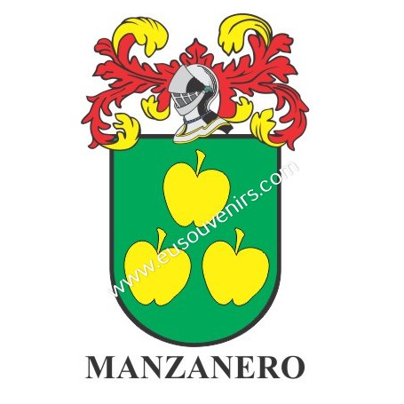 Heraldic keychain - MANZANERO - Personalized with surname, family crest and brief description of the genealogical origin.