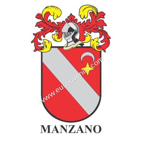 Porte-clés héraldique - MANZANO - Personnalisé avec le nom, l'écusson de la famille et une brève description de l'origine généal