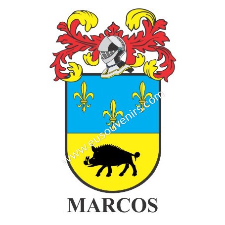 Llavero heráldico - MARCOS - Personalizado con apellido, escudo de la familia y breve descripción del origen genealógico.