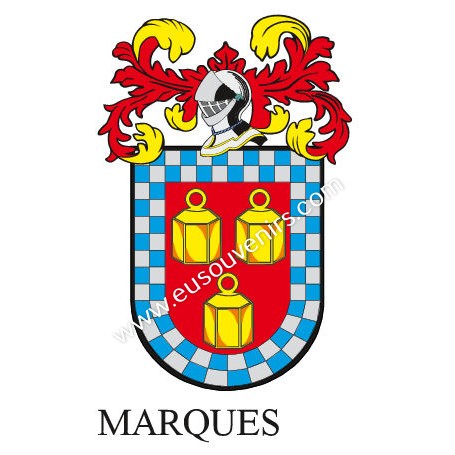 Llavero heráldico - MARQUES - Personalizado con apellido, escudo de la familia y breve descripción del origen genealógico.
