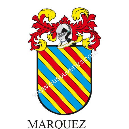 Heraldic keychain - MARQUEZ - Personalized with surname, family crest and brief description of the genealogical origin.