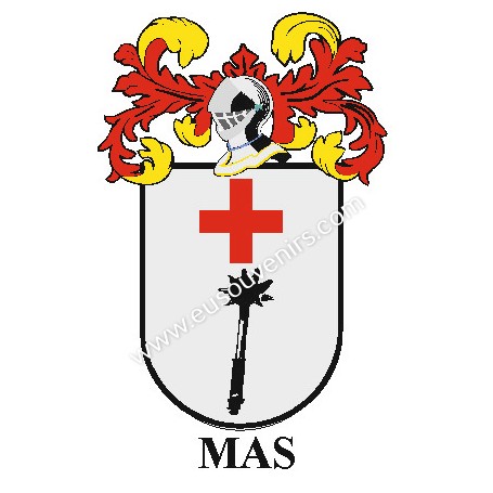 Llavero heráldico - MAS - Personalizado con apellido, escudo de la familia y breve descripción del origen genealógico.