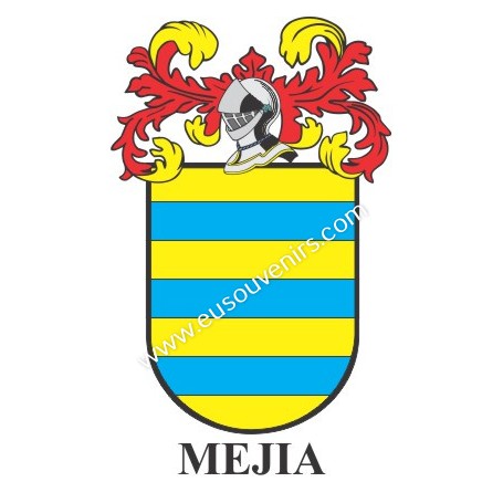 Porte-clés héraldique - MEJIA - Personnalisé avec le nom, l'écusson de la famille et une brève description de l'origine généalog