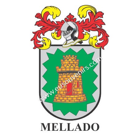 Heraldic keychain - MELLADO - Personalized with surname, family crest and brief description of the genealogical origin.