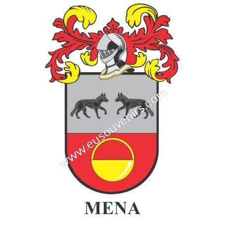 Heraldic keychain - MENA - Personalized with surname, family crest and brief description of the genealogical origin.