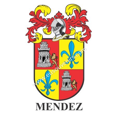 Heraldic keychain - MENDEZ - Personalized with surname, family crest and brief description of the genealogical origin.