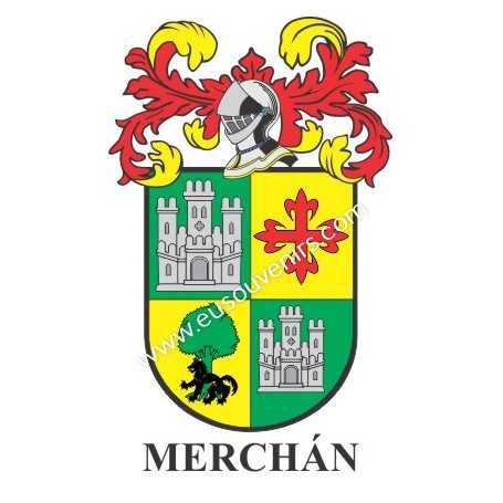 Llavero heráldico - MERCHAN - Personalizado con apellido, escudo de la familia y breve descripción del origen genealógico.