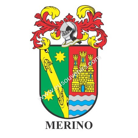 Heraldic keychain - MERINO - Personalized with surname, family crest and brief description of the genealogical origin.