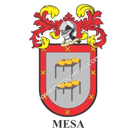 Llavero heráldico - MESA - Personalizado con apellido, escudo de la familia y breve descripción del origen genealógico.