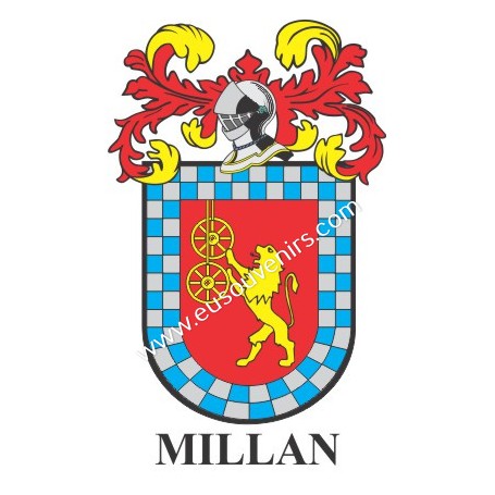 Porte-clés héraldique - MILLAN - Personnalisé avec le nom, l'écusson de la famille et une brève description de l'origine généalo