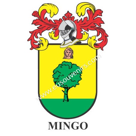 Llavero heráldico - MINGO - Personalizado con apellido, escudo de la familia y breve descripción del origen genealógico.