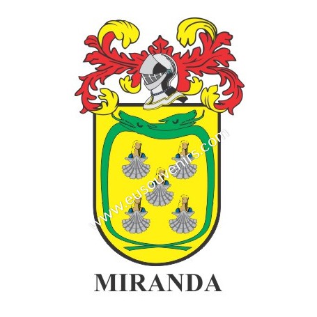 Heraldic keychain - MIRANDA - Personalized with surname, family crest and brief description of the genealogical origin.