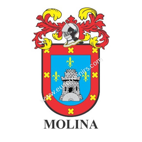 Heraldic keychain - MOLINA - Personalized with surname, family crest and brief description of the genealogical origin.