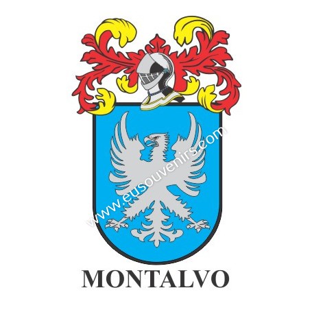 Heraldic keychain - MONTALVO - Personalized with surname, family crest and brief description of the genealogical origin.