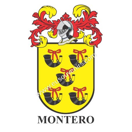 Porte-clés héraldique - MONTERO - Personnalisé avec le nom, l'écusson de la famille et une brève description de l'origine généal