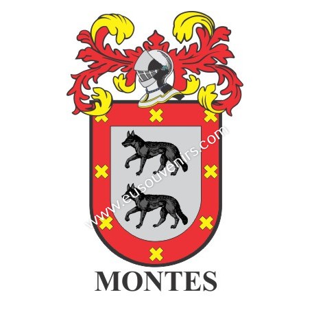 Heraldic keychain - MONTES - Personalized with surname, family crest and brief description of the genealogical origin.