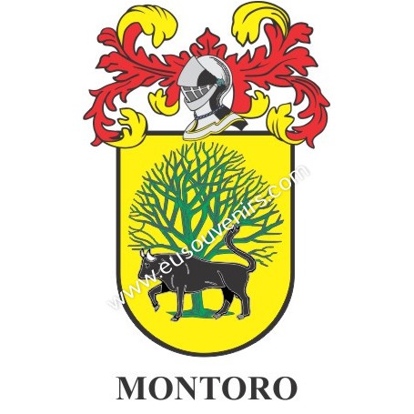 Porte-clés héraldique - MONTORO - Personnalisé avec le nom, l'écusson de la famille et une brève description de l'origine généal