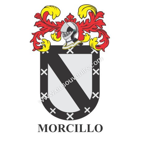 Heraldic keychain - MORCILLO - Personalized with surname, family crest and brief description of the genealogical origin.