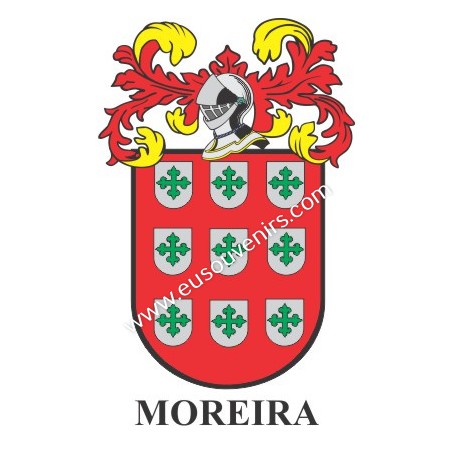 Llavero heráldico - MOREIRA - Personalizado con apellido, escudo de la familia y breve descripción del origen genealógico.