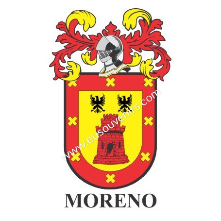 Porte-clés héraldique - MORENO - Personnalisé avec le nom, l'écusson de la famille et une brève description de l'origine généalo