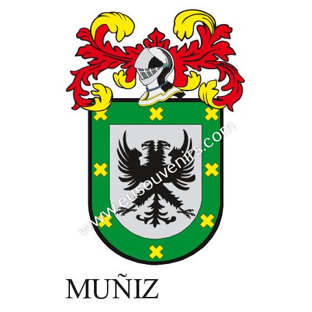 Heraldic keychain - MUÑIZ - Personalized with surname, family crest and brief description of the genealogical origin.