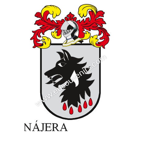Heraldic keychain - NAJERA - Personalized with surname, family crest and brief description of the genealogical origin.