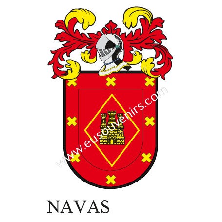 Heraldic keychain - NAVAS - Personalized with surname, family crest and brief description of the genealogical origin.