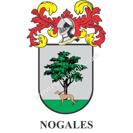 Llavero heráldico - NOGALES - Personalizado con apellido, escudo de la familia y breve descripción del origen genealógico.