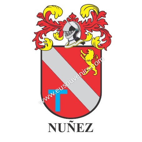 Heraldic keychain - NUÑEZ - Personalized with surname, family crest and brief description of the genealogical origin.