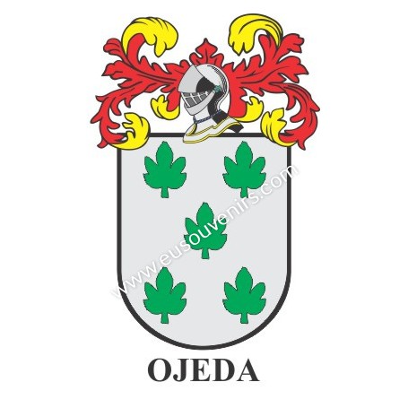 Porte-clés héraldique - OJEDA - Personnalisé avec le nom, l'écusson de la famille et une brève description de l'origine généalog