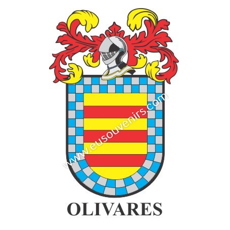 Heraldic keychain - OLIVARES - Personalized with surname, family crest and brief description of the genealogical origin.