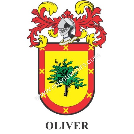 Llavero heráldico - OLIVER - Personalizado con apellido, escudo de la familia y breve descripción del origen genealógico.