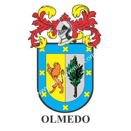 Heraldic keychain - OLMEDO - Personalized with surname, family crest and brief description of the genealogical origin.