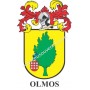 Heraldic keychain - OLMOS - Personalized with surname, family crest and brief description of the genealogical origin.