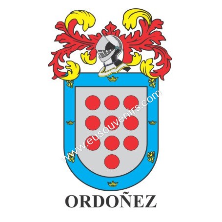 Heraldic keychain - ORDOÑEZ - Personalized with surname, family crest and brief description of the genealogical origin.