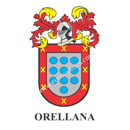 Heraldic keychain - ORELLANA - Personalized with surname, family crest and brief description of the genealogical origin.