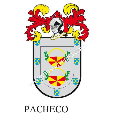 Heraldic keychain - PACHECO - Personalized with surname, family crest and brief description of the genealogical origin.