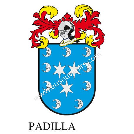 Llavero heráldico - PADILLA - Personalizado con apellido, escudo de la familia y breve descripción del origen genealógico.