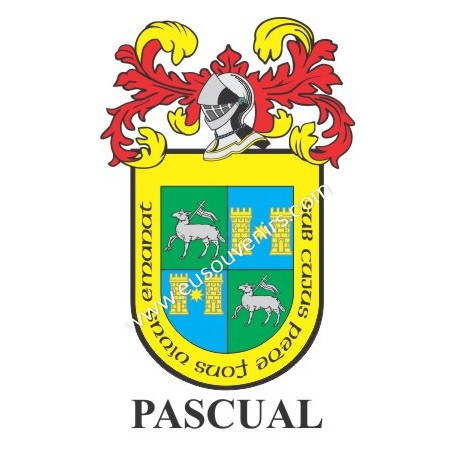 Heraldic keychain - PASCUAL - Personalized with surname, family crest and brief description of the genealogical origin.