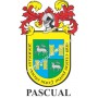Heraldic keychain - PASCUAL - Personalized with surname, family crest and brief description of the genealogical origin.