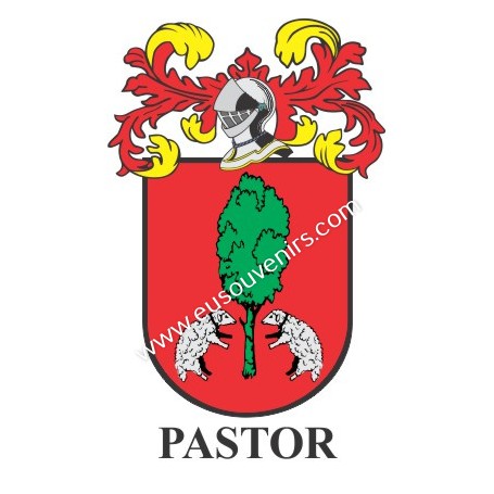 Heraldic keychain - PASTOR - Personalized with surname, family crest and brief description of the genealogical origin.