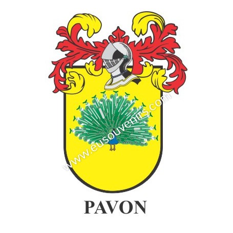 Heraldic keychain - PAVON - Personalized with surname, family crest and brief description of the genealogical origin.