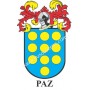 Llavero heráldico - PAZ - Personalizado con apellido, escudo de la familia y breve descripción del origen genealógico.