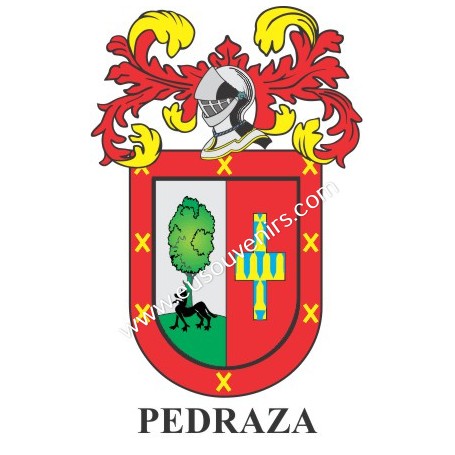 Heraldic keychain - PEDRAZA - Personalized with surname, family crest and brief description of the genealogical origin.
