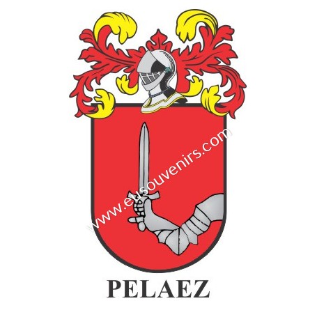 Heraldic keychain - PELAEZ - Personalized with surname, family crest and brief description of the genealogical origin.