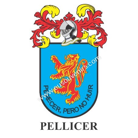 Heraldic keychain - PELLICER - Personalized with surname, family crest and brief description of the genealogical origin.