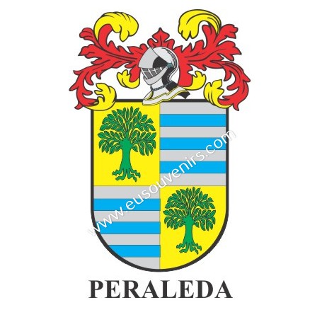 Heraldic keychain - PERALEDA - Personalized with surname, family crest and brief description of the genealogical origin.