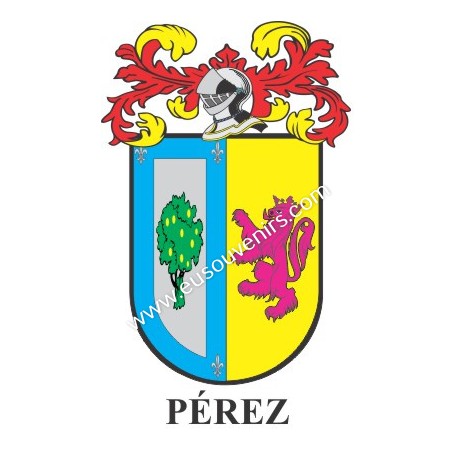 Porte-clés héraldique - PEREZ - Personnalisé avec le nom, l'écusson de la famille et une brève description de l'origine généalog